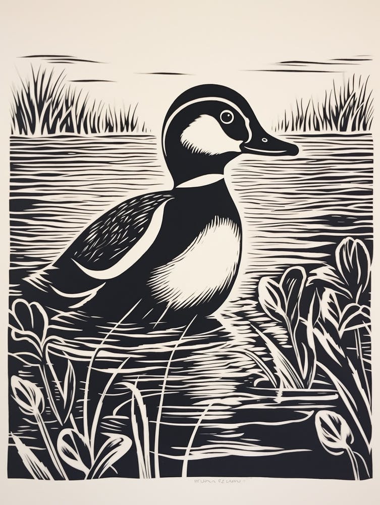 B&W Bird Linocut Bufflehead 2