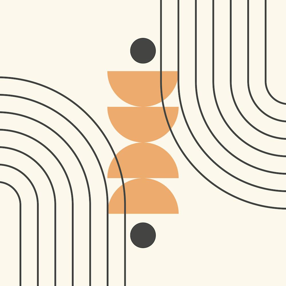 Mid Century Modern Geometric Abstract, Rainbow, Sun, Moon Phases in Black and Gold, Boho, Scandi, by Nineflorals