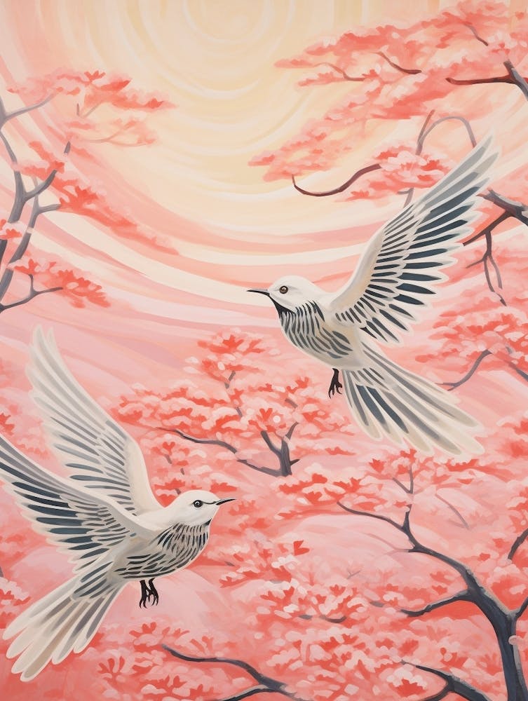 Vintage Japanese Inspired Bird Print Mockingbird 3