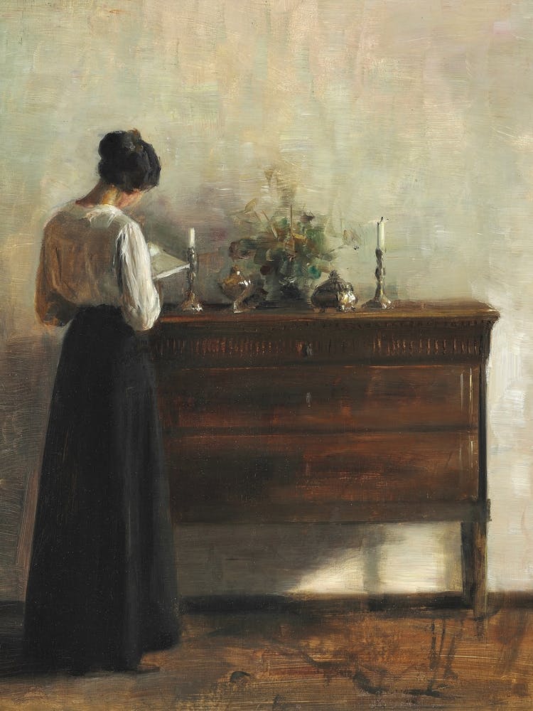 Interior-Artist's Wife by Dresser Reading by Carl Holsoe (1863-1935)