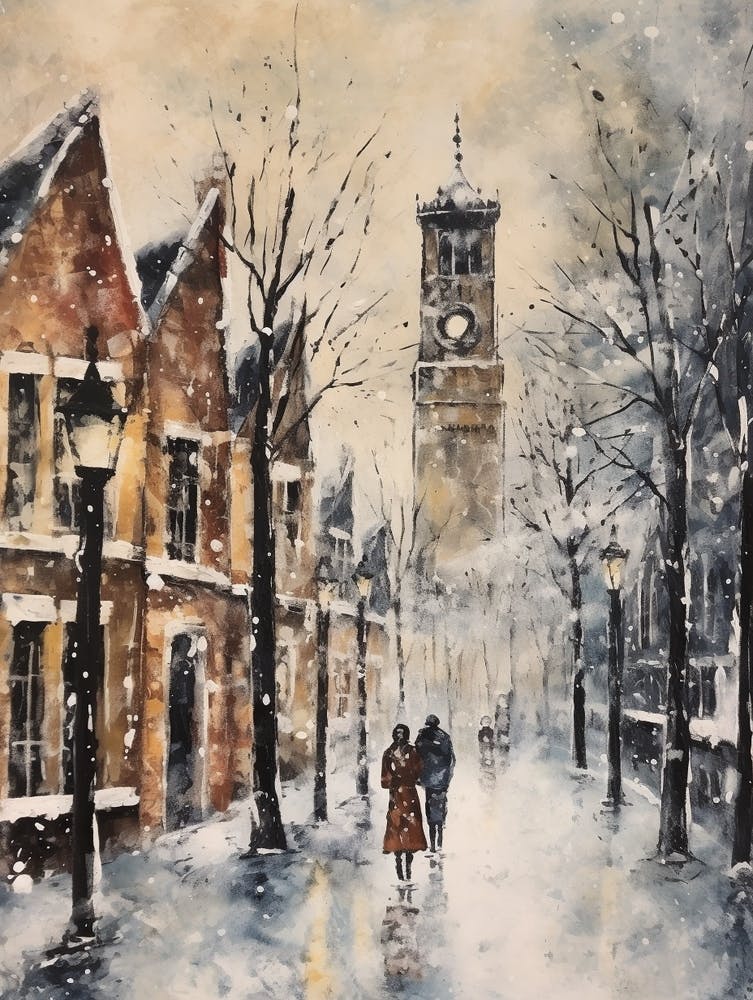 Vintage Winter Painting Cambridge United Kingdom 1
