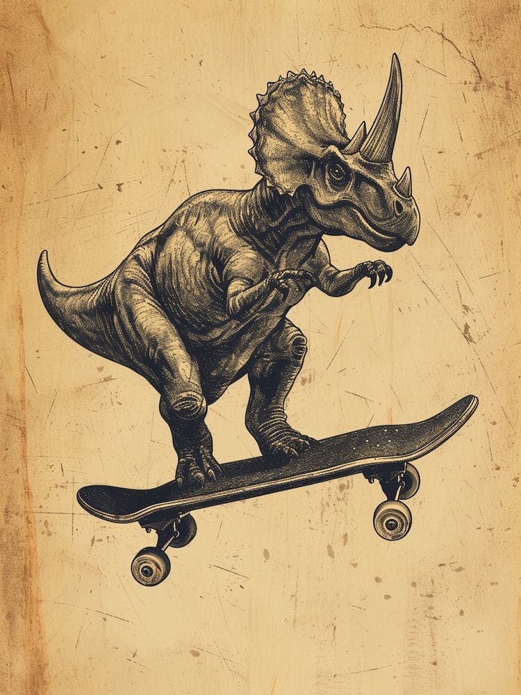 Dinosaure Triceratops Vintage sur Skateboard 3