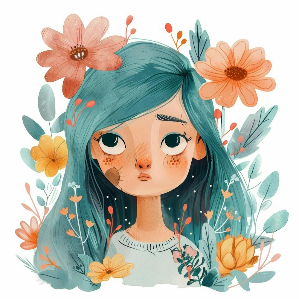 Mädchen mit blauen Haaren und Blumen
