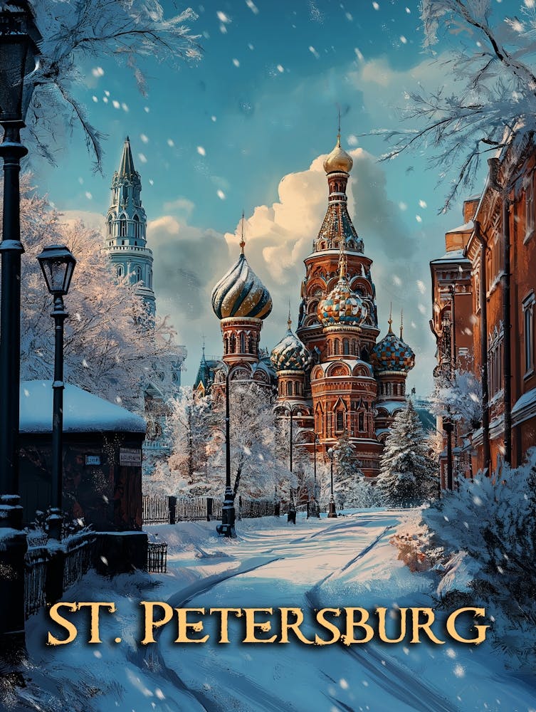 Snowy Russian Charm - St. Petersburg Winter Travel Poster
