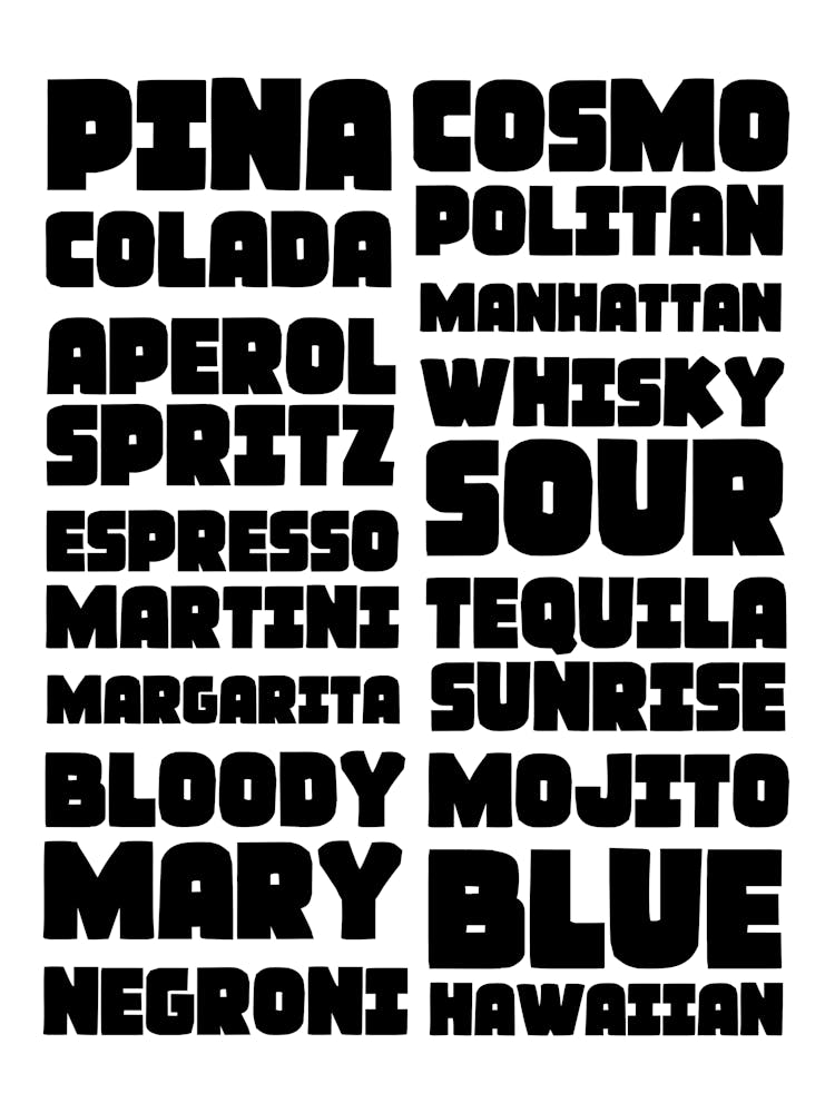 Cocktail Drinks List Typography Black and White