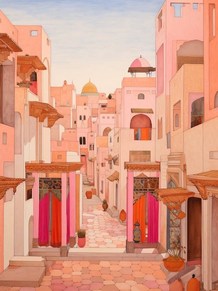 Marrakech Morocco 8 Vintage Pink Travel Illustration