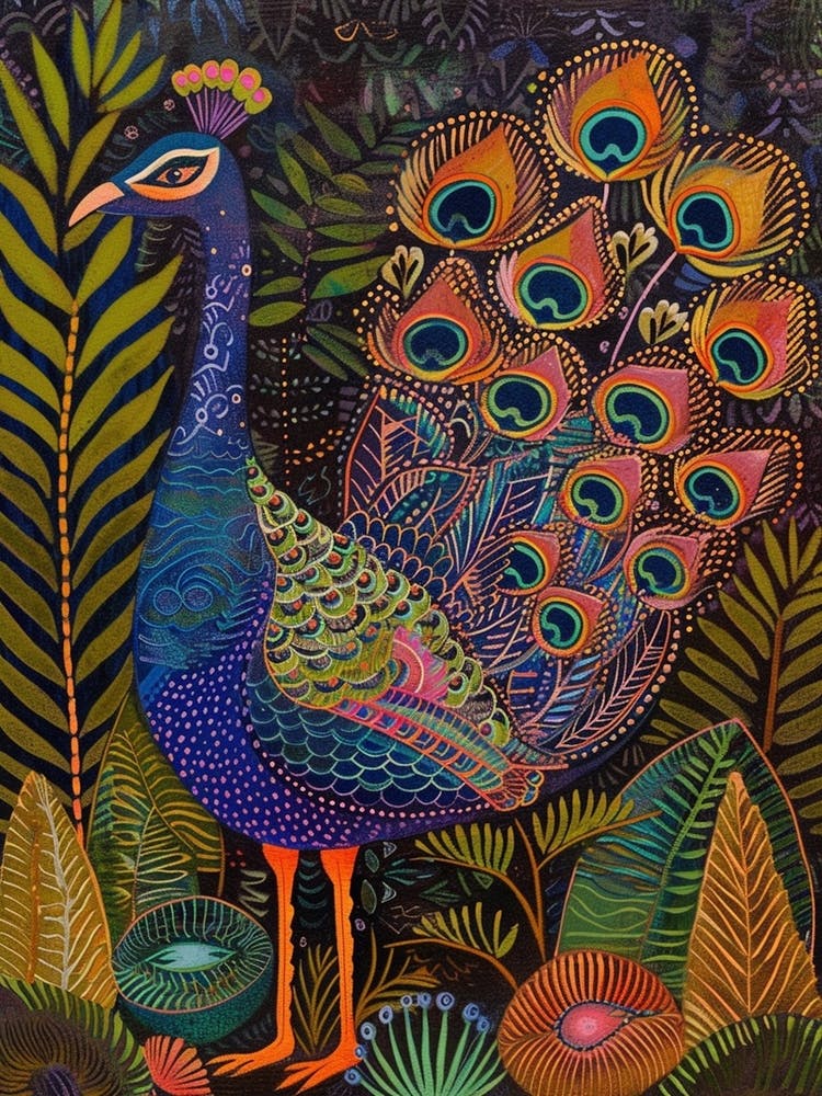 Folky Floral Peacock With The Plants 8