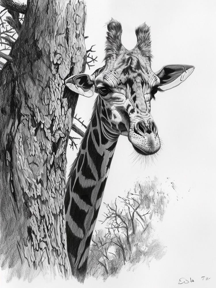 Giraffe Scratching Against A Tree Pencil Drawing 4