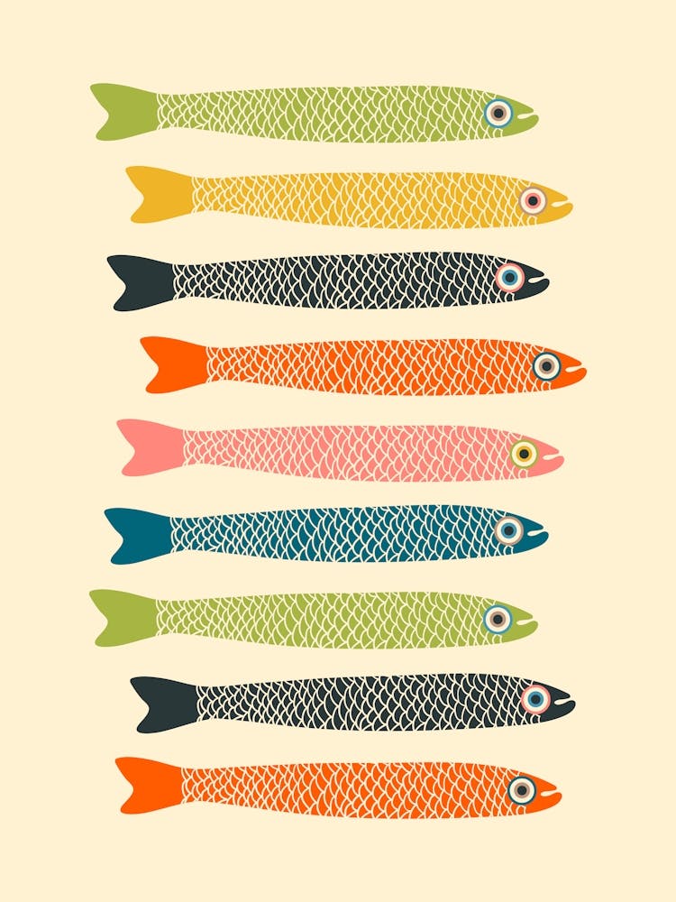 ANCHOVIES Retro Swimming Fish Horizontal in Vintage Colours Orange Green Blue Pink Yellow Charcoal on Cream
