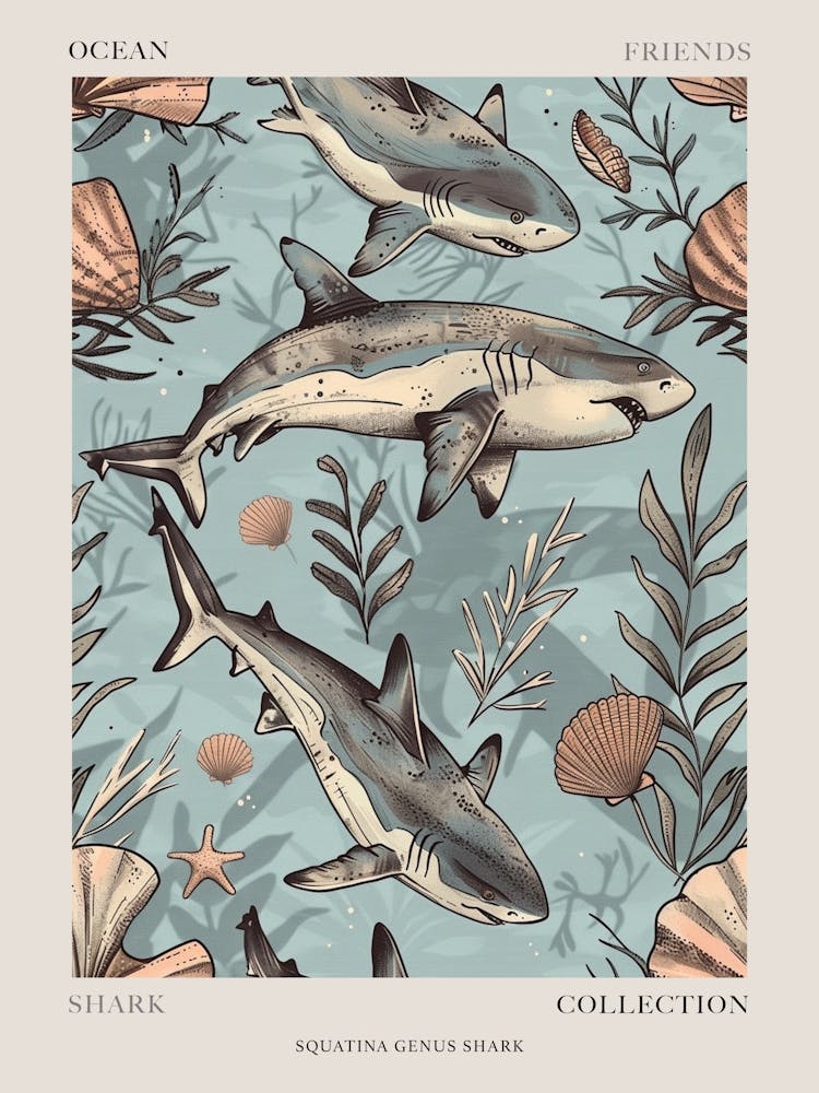 Pastel Blue Squatina Genus Shark Watercolour Seascape Pattern 2 Poster