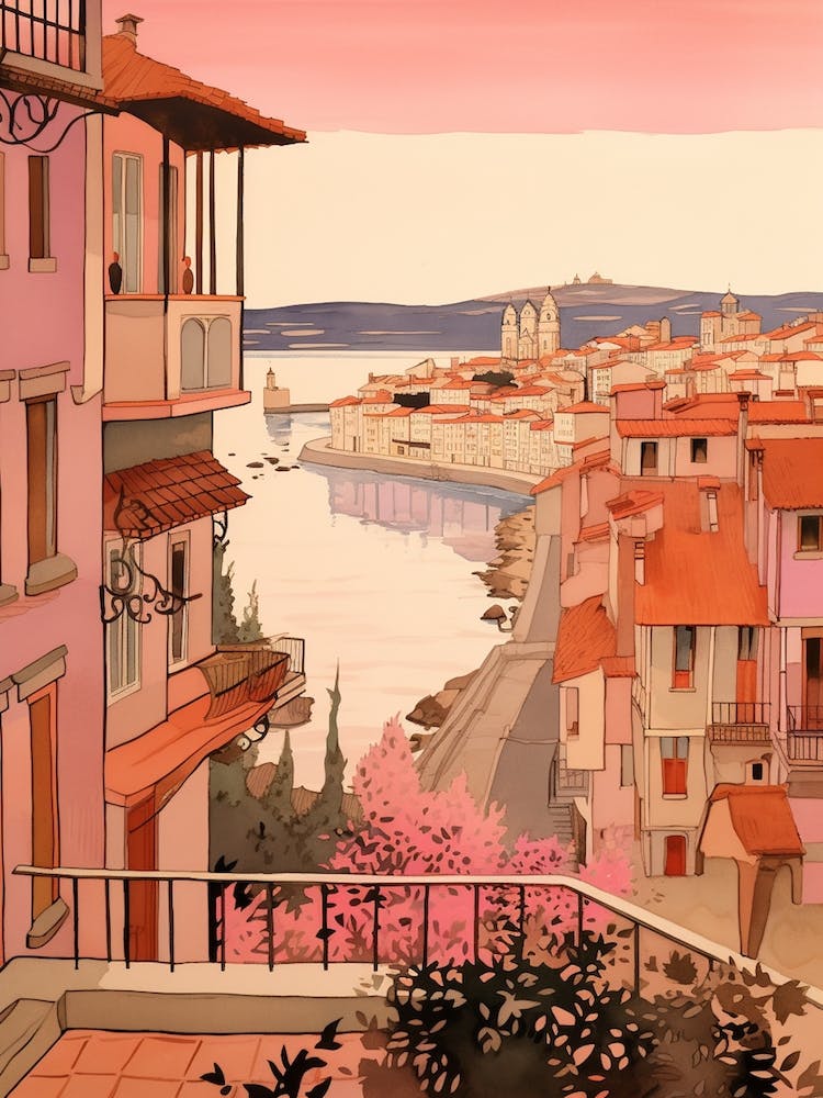 Santander Spain 3 Vintage Pink Travel Illustration