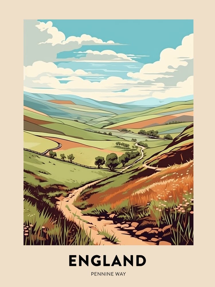 Pennine Way Angleterre 1 Affiche de voyage de randonnée vintage