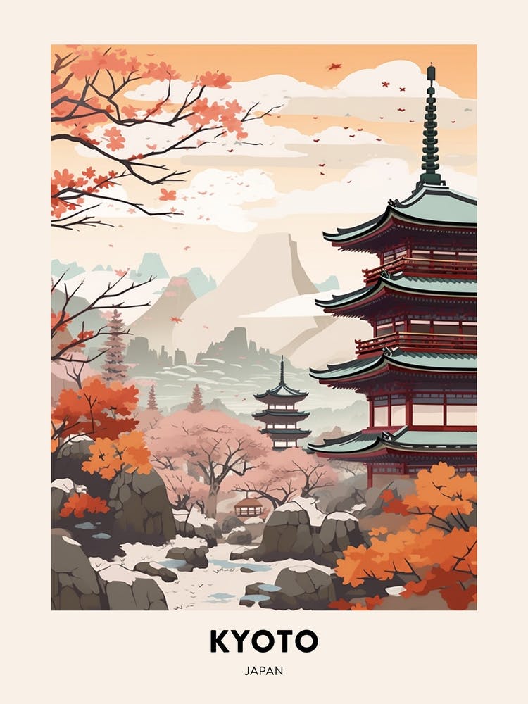 Vintage Winter Travel Poster Kyoto Japan 2