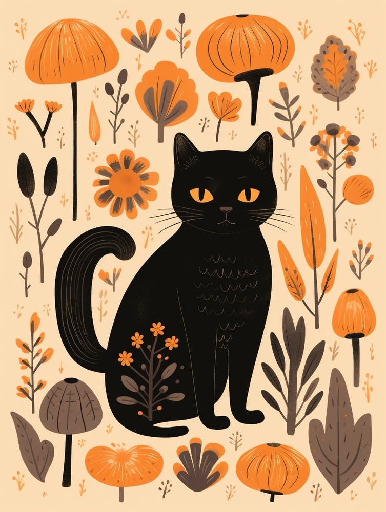 Cute Fall Black Cat Illustration 1