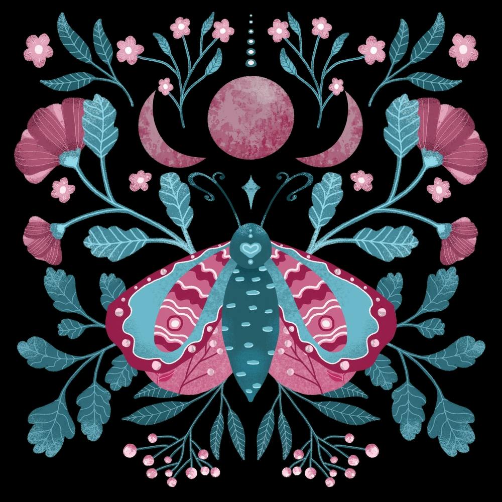 Celestial butterfly with purple flowers