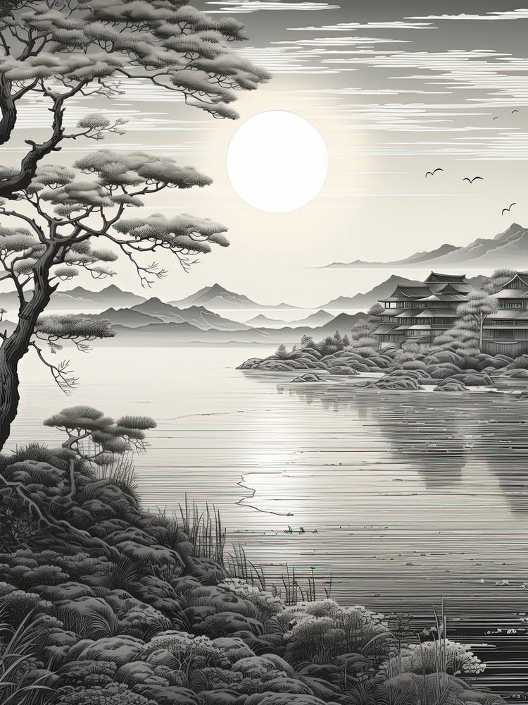 Lake Biwa In Shiga, Ukiyo E Black And White Line Art Drawing 1