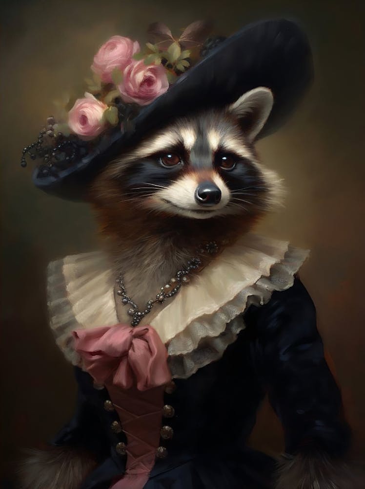 Victorian Animals Portrait, Royal Lady Raccoon Vintage Print, Renaissance Animal Dark Moody Animal Poster, Altered Art, Animal Lover Gift