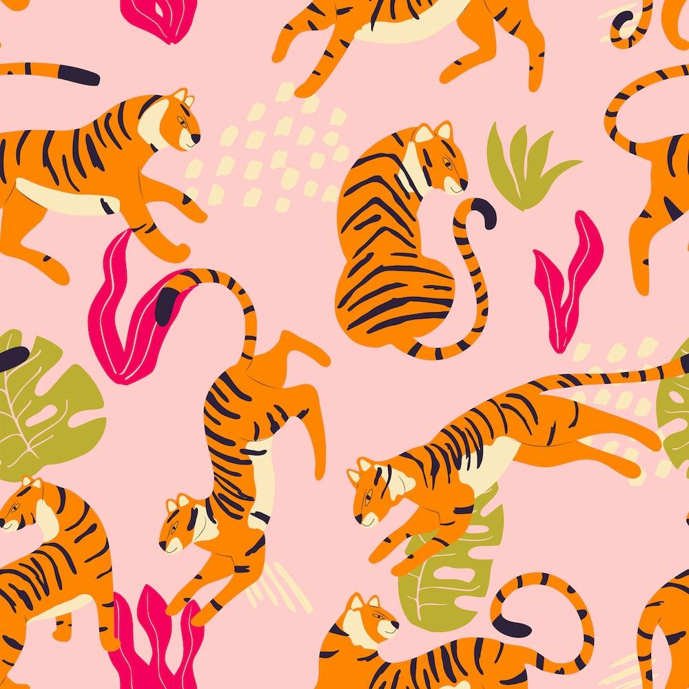Tiger Pattern On Pink With Tropical Leaves Square