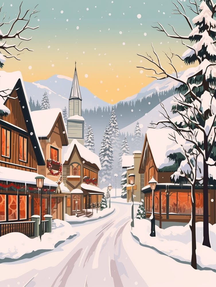 Vintage Winter Travel Illustration Leavenworth Washington 3