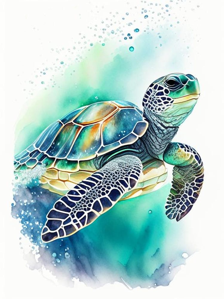 Sea Turtle In Deep Ocean, Sea Turtle Watercolour 1