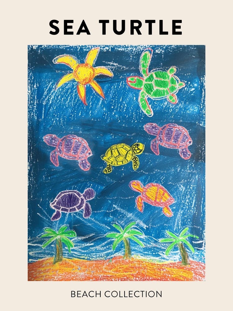 Sea Turtle Palm Tree Scribble Pattern Poster