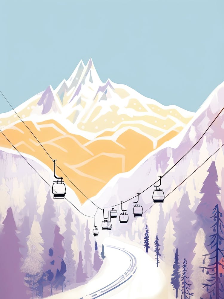 Chamonix Mont Blanc   France, Ski Resort Pastel Colours Illustration 1