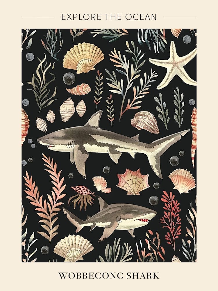 Wobbegong Shark Seascape Black Background Illustration 1 Poster