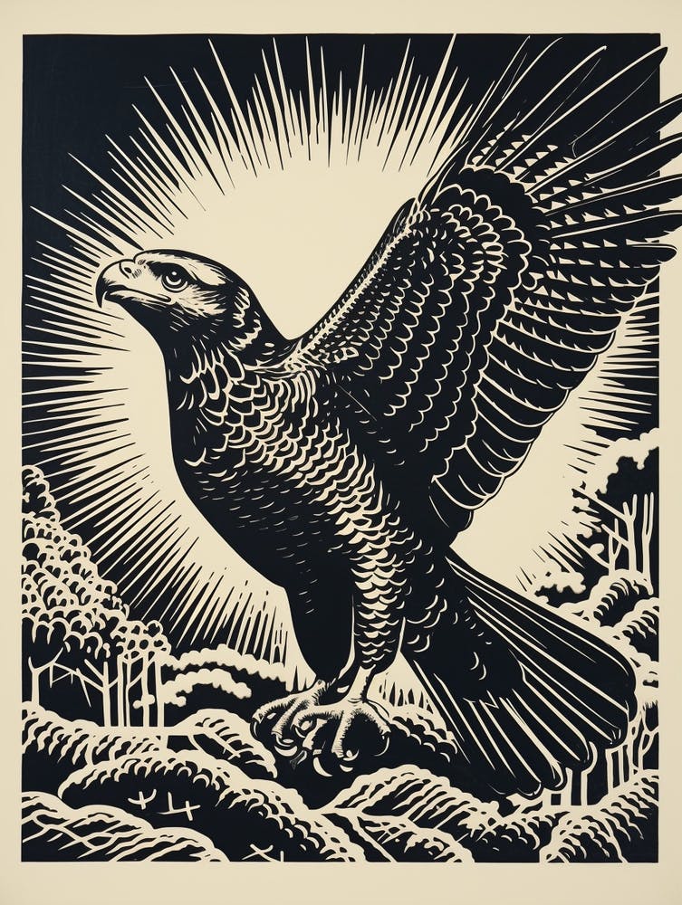 B&W Bird Linocut Red Tailed Hawk 4