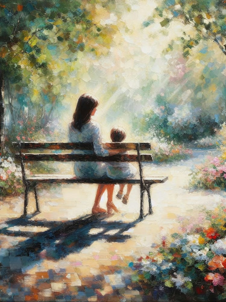 Mother And Child Sitting On Park Bench