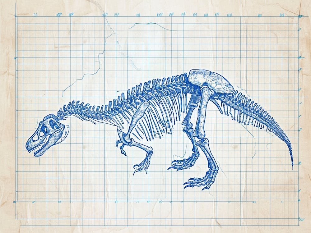 Baryonyx Skeleton Hand Drawn Blueprint 1