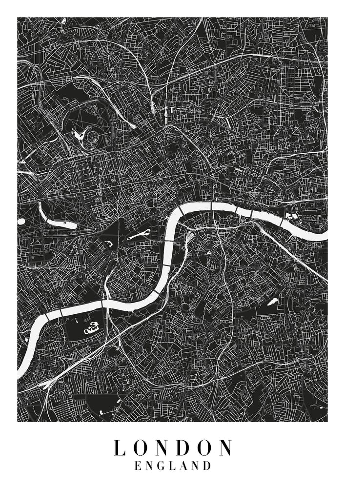 London England Minimal Black Mono Street Map