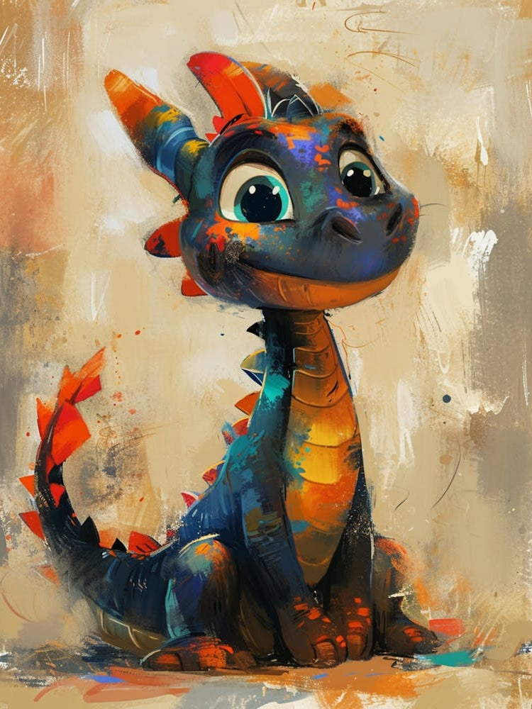 This Is A Whimsical, Colorful Painting Of A Stylized, Cartoonish Black Dragon