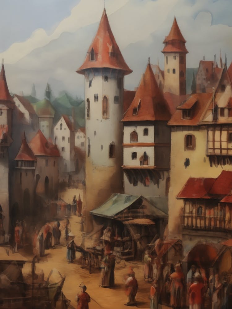 Vintage Castle & Village Fair Oil Painting