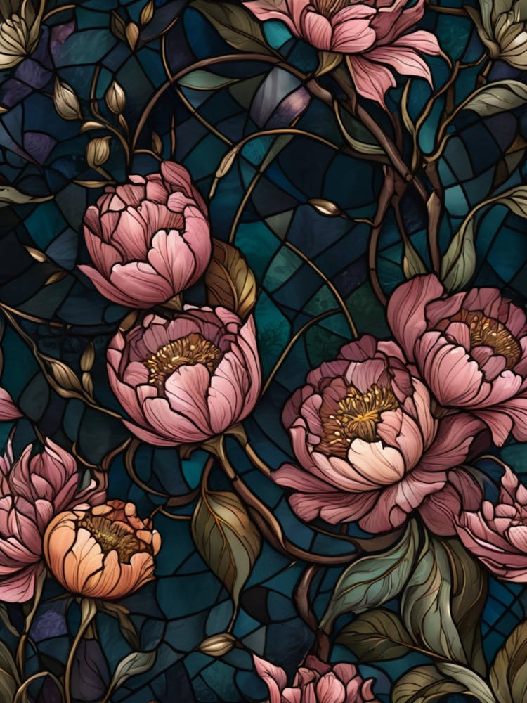 Peony Flowers On Stained Glass