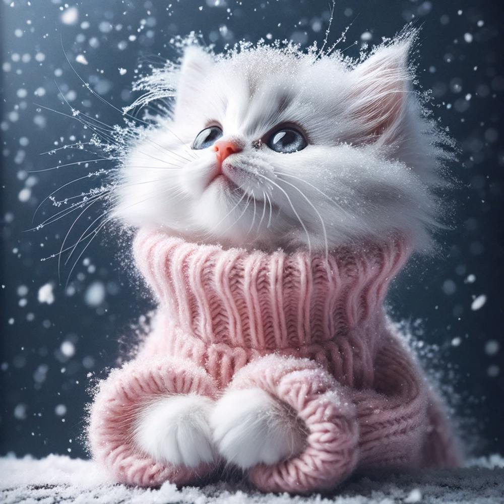 Frosted Whiskers: A Cute Kitten in Pink Amidst the Snowfall