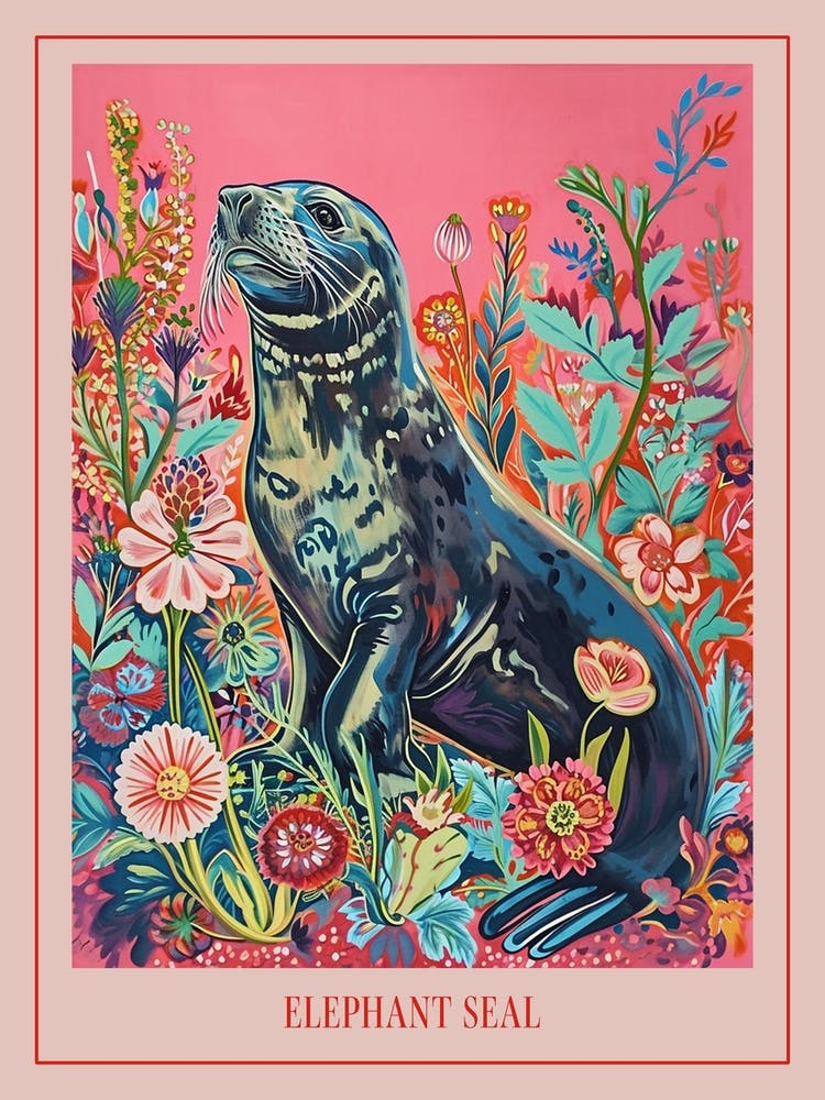 Floral Animal Painting Elephant Seal 4 Poster
