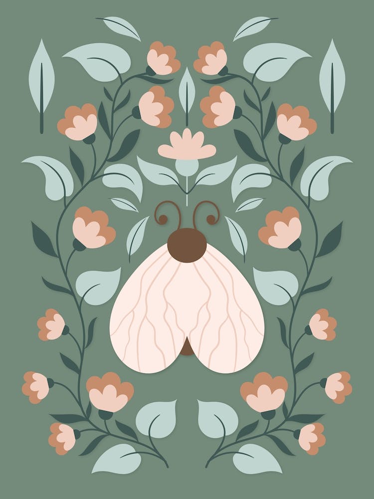 Moth On A Muted Green Background Botanical 3