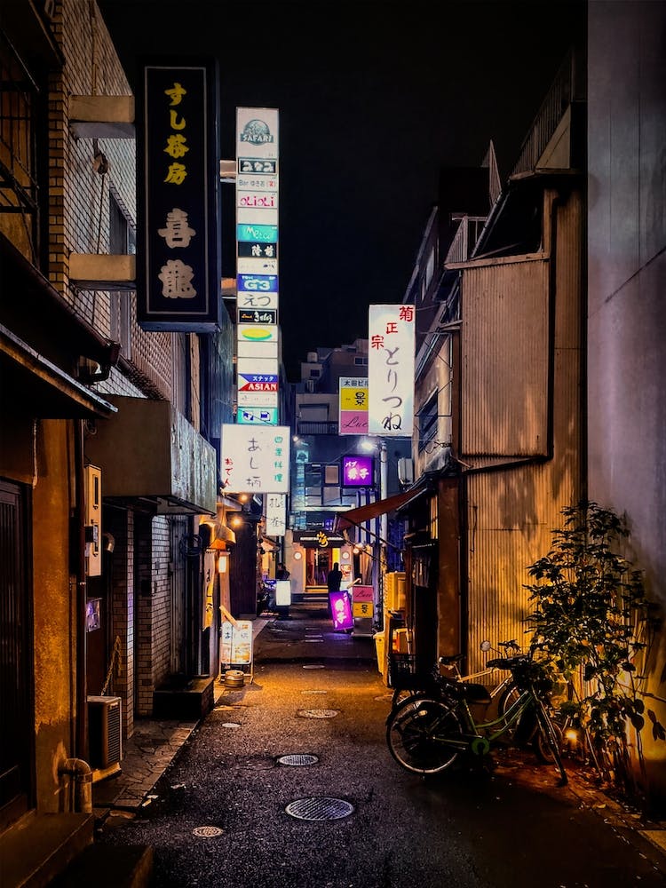Bars Lining A Dark Back Alley Tokyo, Japan