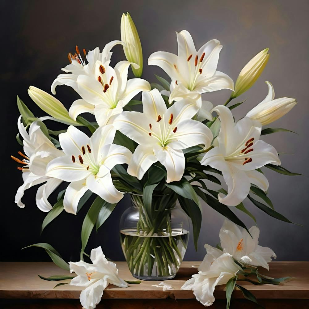 A Still Life Oil Painting Of A Bouquet Of White Lilies In Full Bloom With Soft Diffused Lighting A (1)