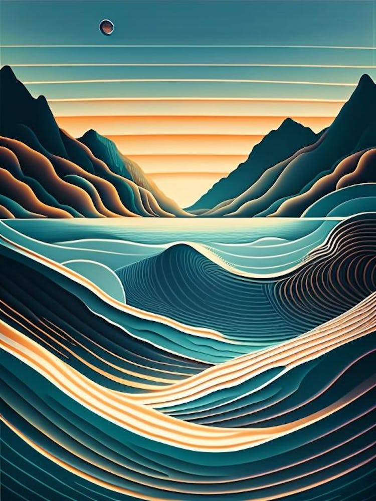 Ripples In Ocean Landscapes Waterscape Retro Illustration 2