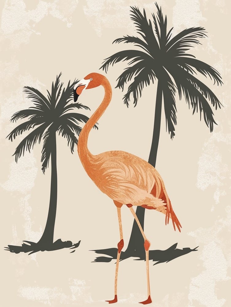 American Flamingo And Palm Trees Minimalist Illustration 3