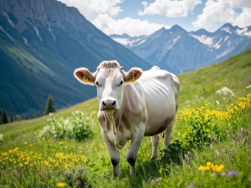 A Closeup On A Pure White Cow Ambling Leisurely In A Verdant Alpine Meadow The Beast Exuding Pure C (5)