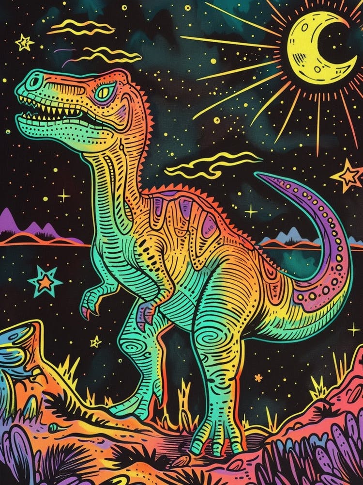 Neon Dinosaur At Night Linework