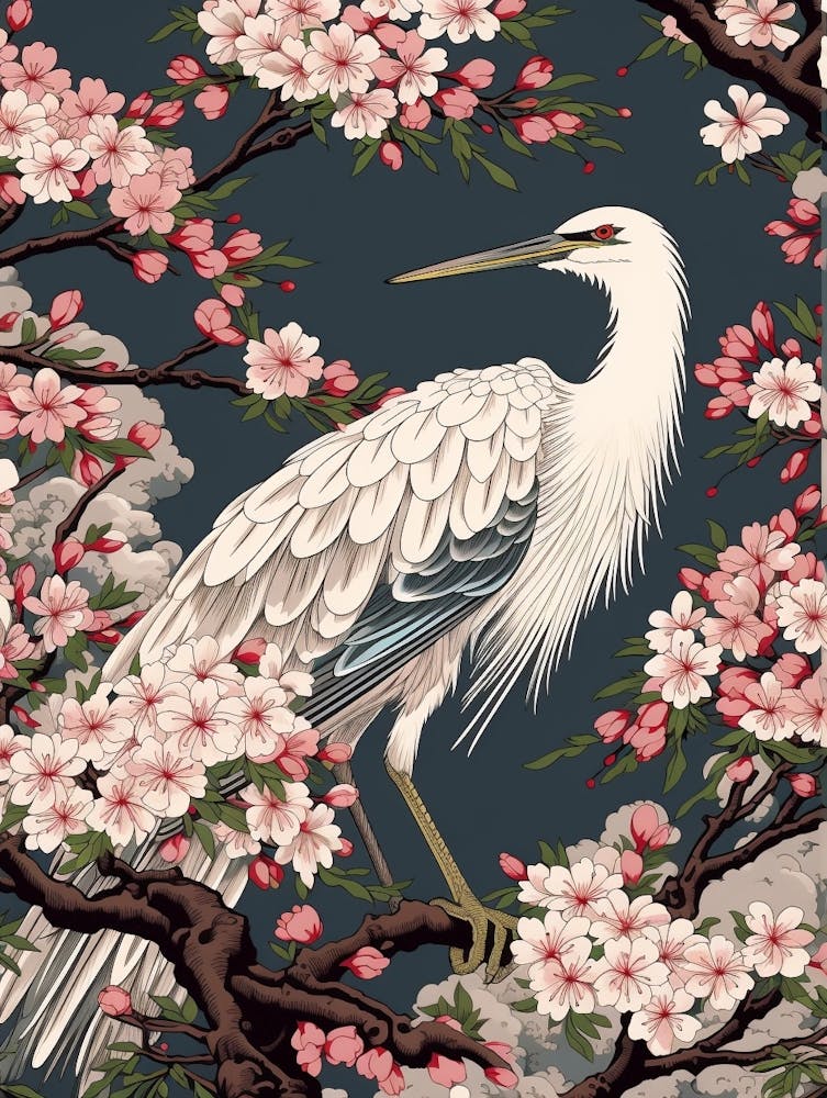 Cherry Blossom And Cranes 3 Vintage Japanese Botanical