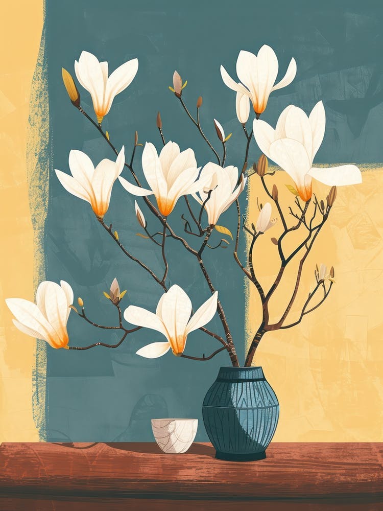 Magnolia Flowers On A Table   Contemporary Illustration 1