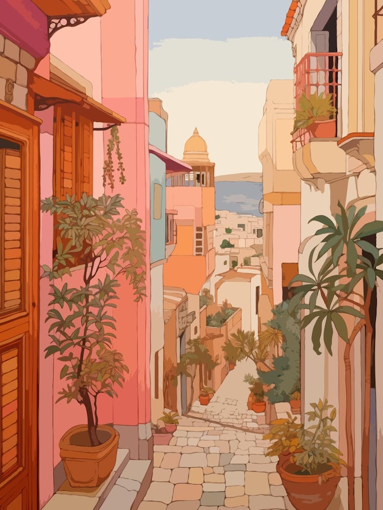 Tunis Tunisia 1 Vintage Pink Travel Illustration