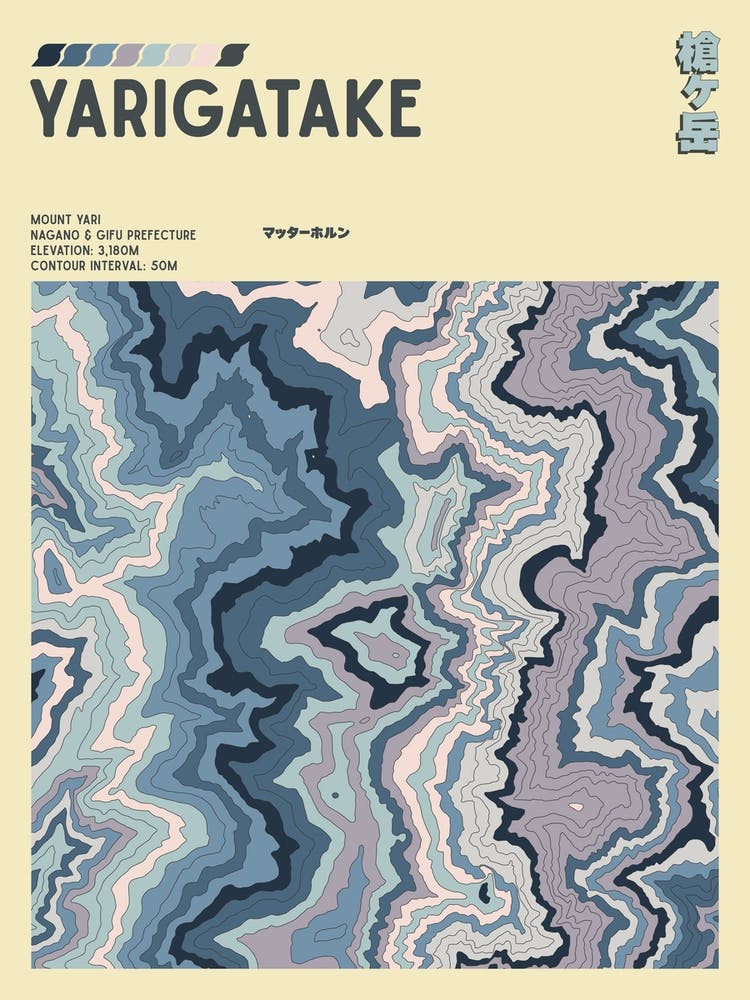 Japan - Mount Yari - Yarigatake - Contour Map Print