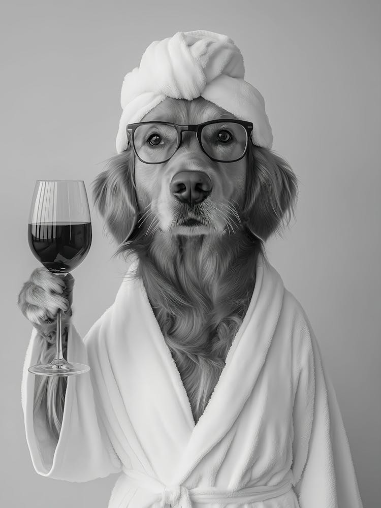 Golden Retriever In Bathrobe Holding Wine Print, Black And White Wall Art, Dog Owner Gift, Pet Art, Funny Dog Poster, Bathroom Wall Decor