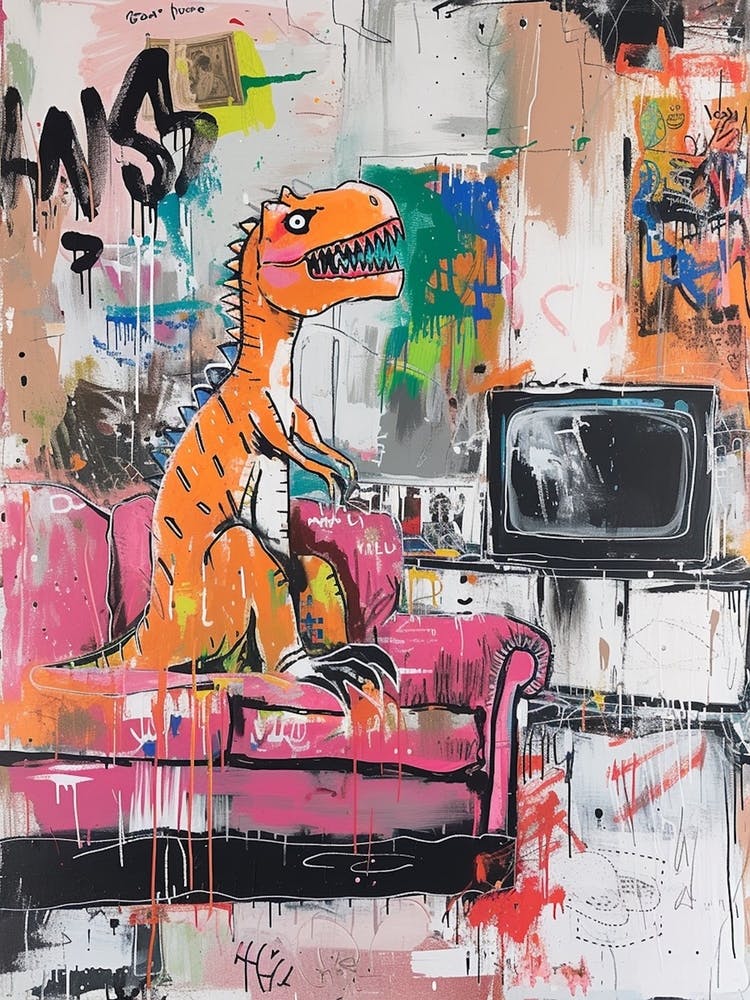 Dinosaur Watching Tv Pink Graffiti Brushstroke 2