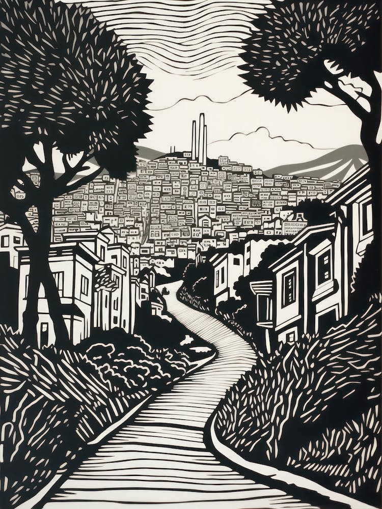 Lombard Street San Francisco Linocut Illustration Style 2